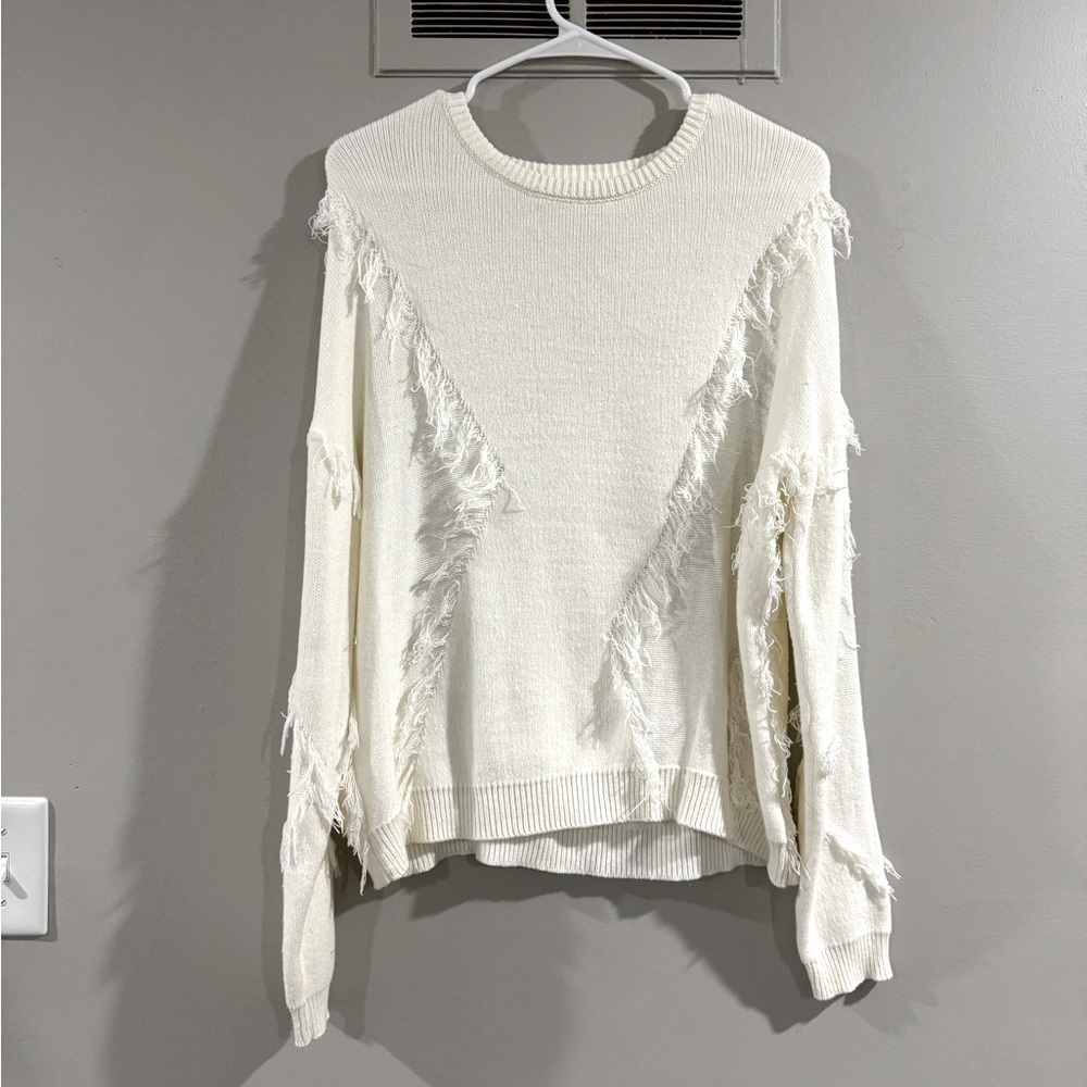 Line and Dot Off-White Fringe Sweater